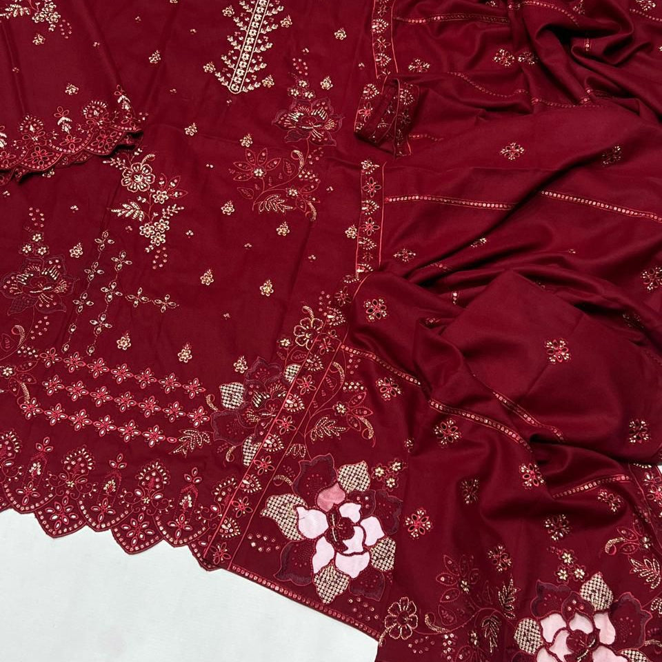 WINTER- 3PC Unstitched RED DHANAK EMBRODIERY SUIT