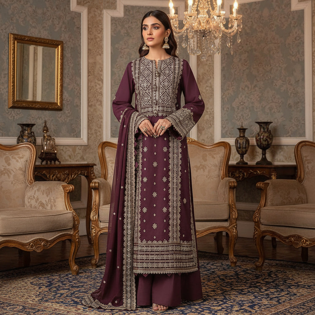 Dhanak-3pc ASIMJOFA unstitched embroidered suit