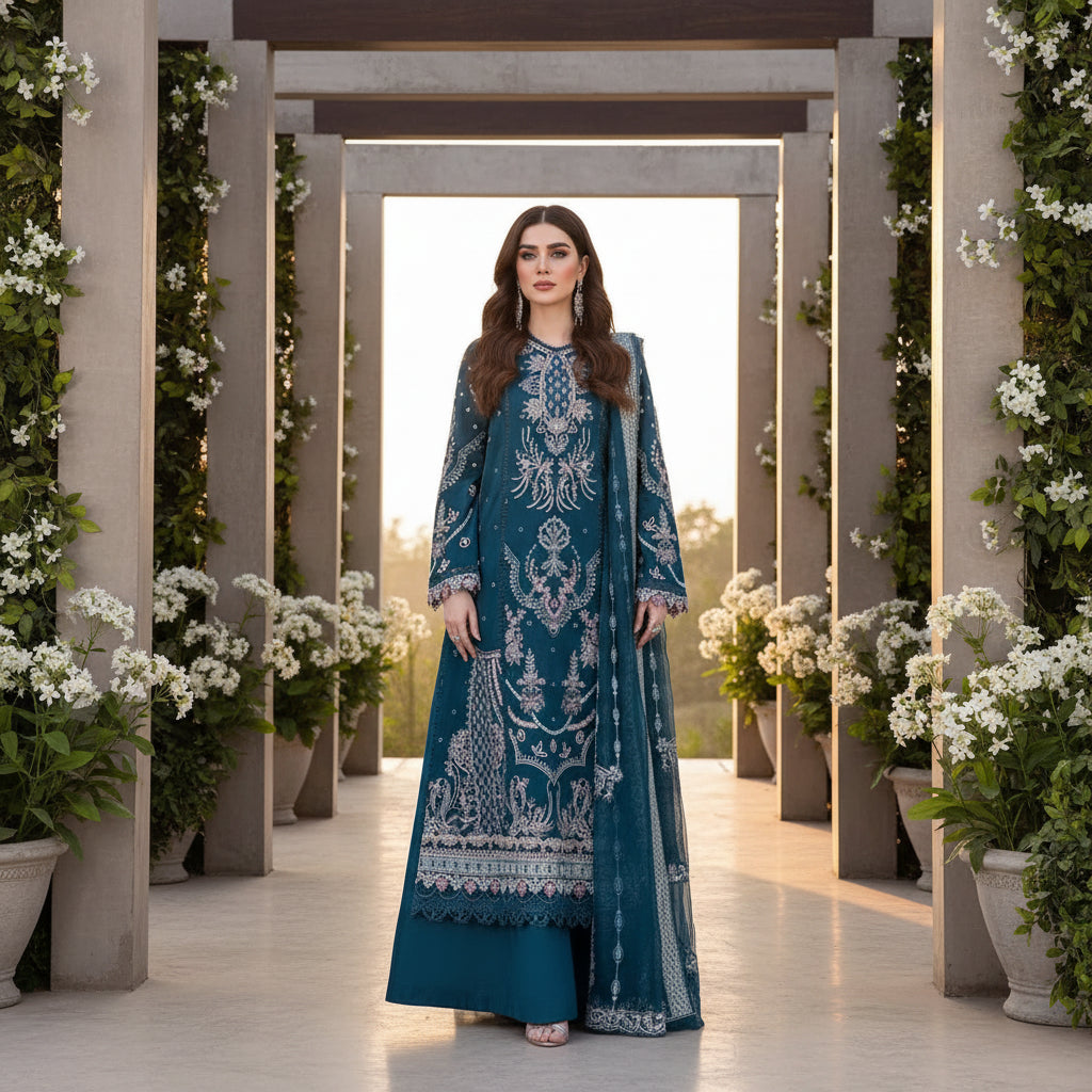 Qalamkar Premium Embroidered Luxury Dhanak 3-PC Suit.
