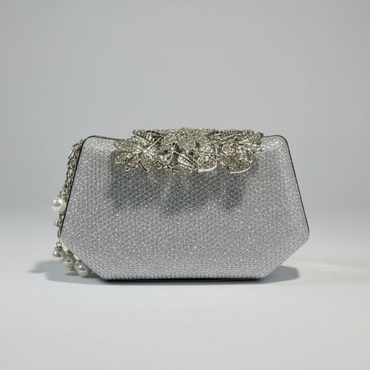 Bridal Metal Hand Pouch – Silver Crystal Embellished