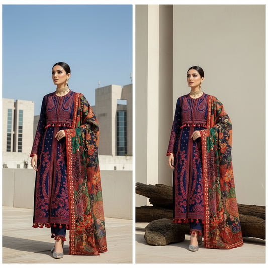 Dhanak-3pc unstitched embroidered suit with digital printed