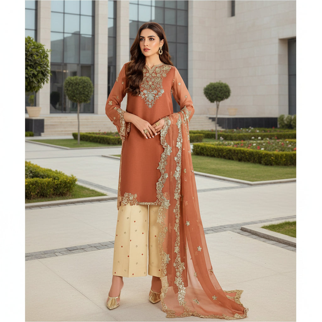 Dhanak-3pc FARASHA unstitched embroidered suit