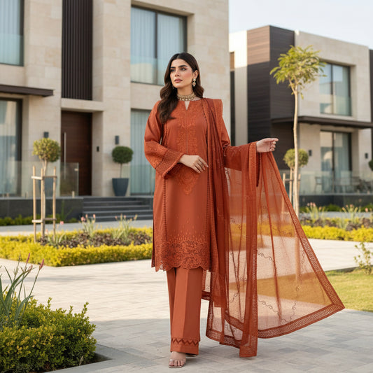 Winter -SAFFRON Dhanak 3-PC Emboridered SUIT