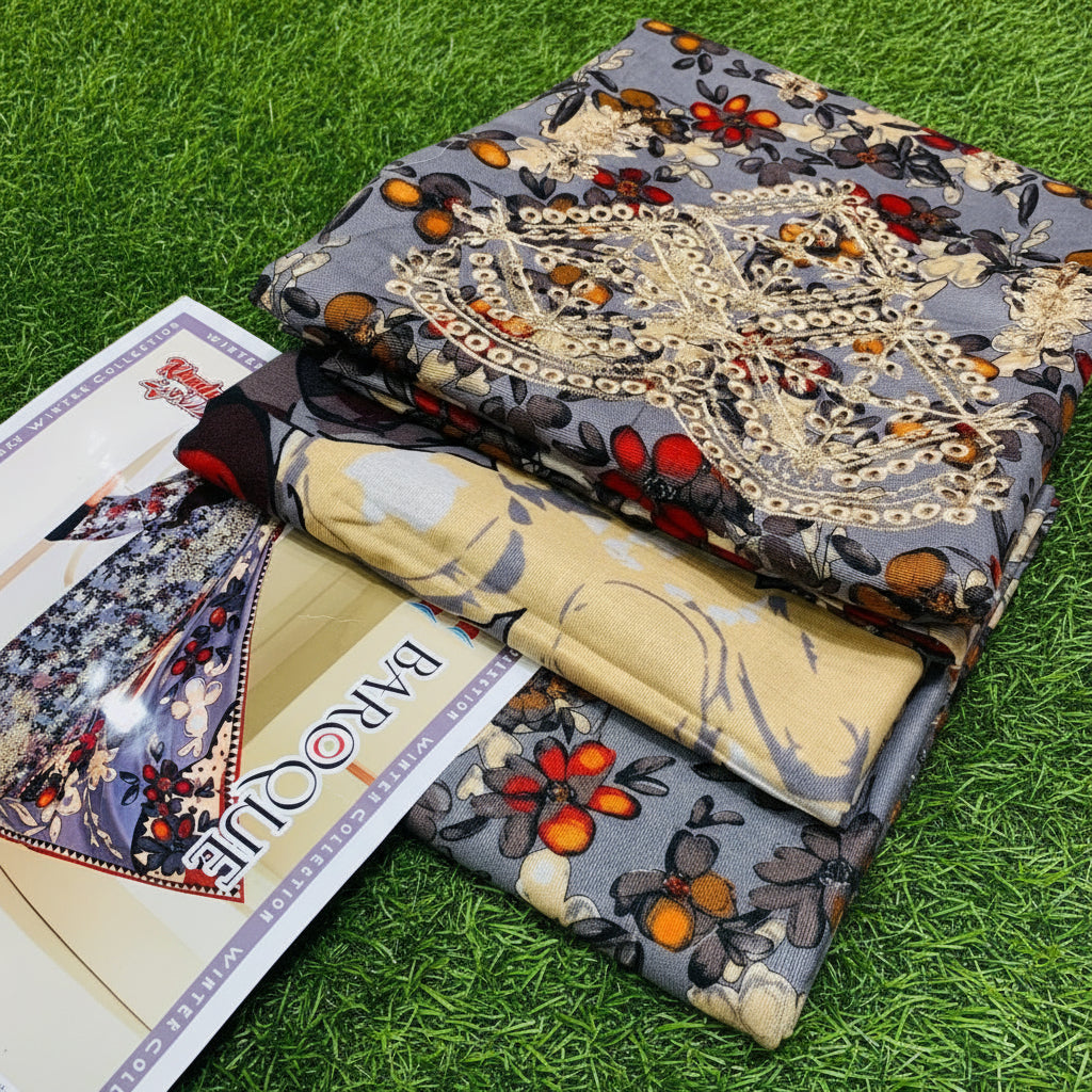 3PIECE PRINTED EMBROIDERY KHADDAR SUIT