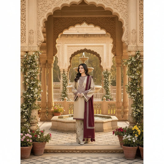 Baroque - 3 Piece Dhanak Embroidered Suit (Unstitched)