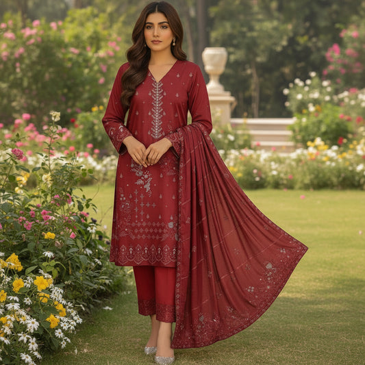 WINTER- 3PC Unstitched RED DHANAK EMBRODIERY SUIT
