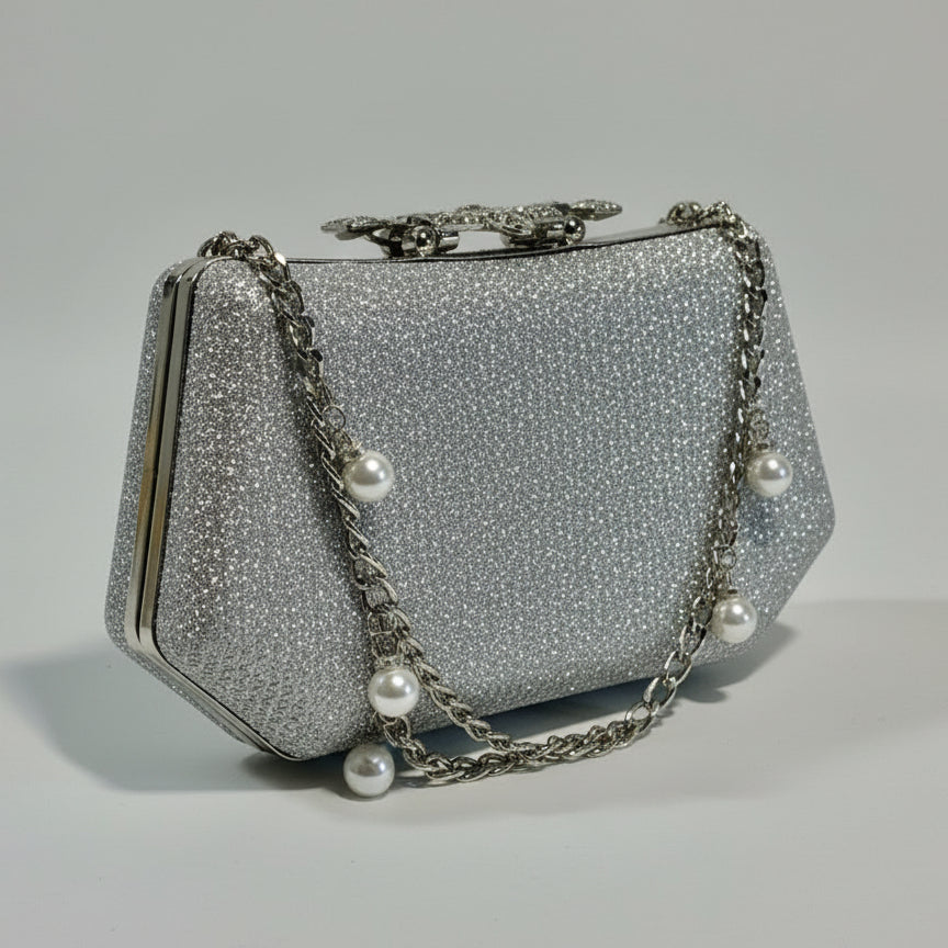 Bridal Metal Hand Pouch – Silver Crystal Embellished