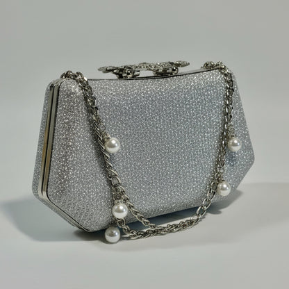 Bridal Metal Hand Pouch – Silver Crystal Embellished